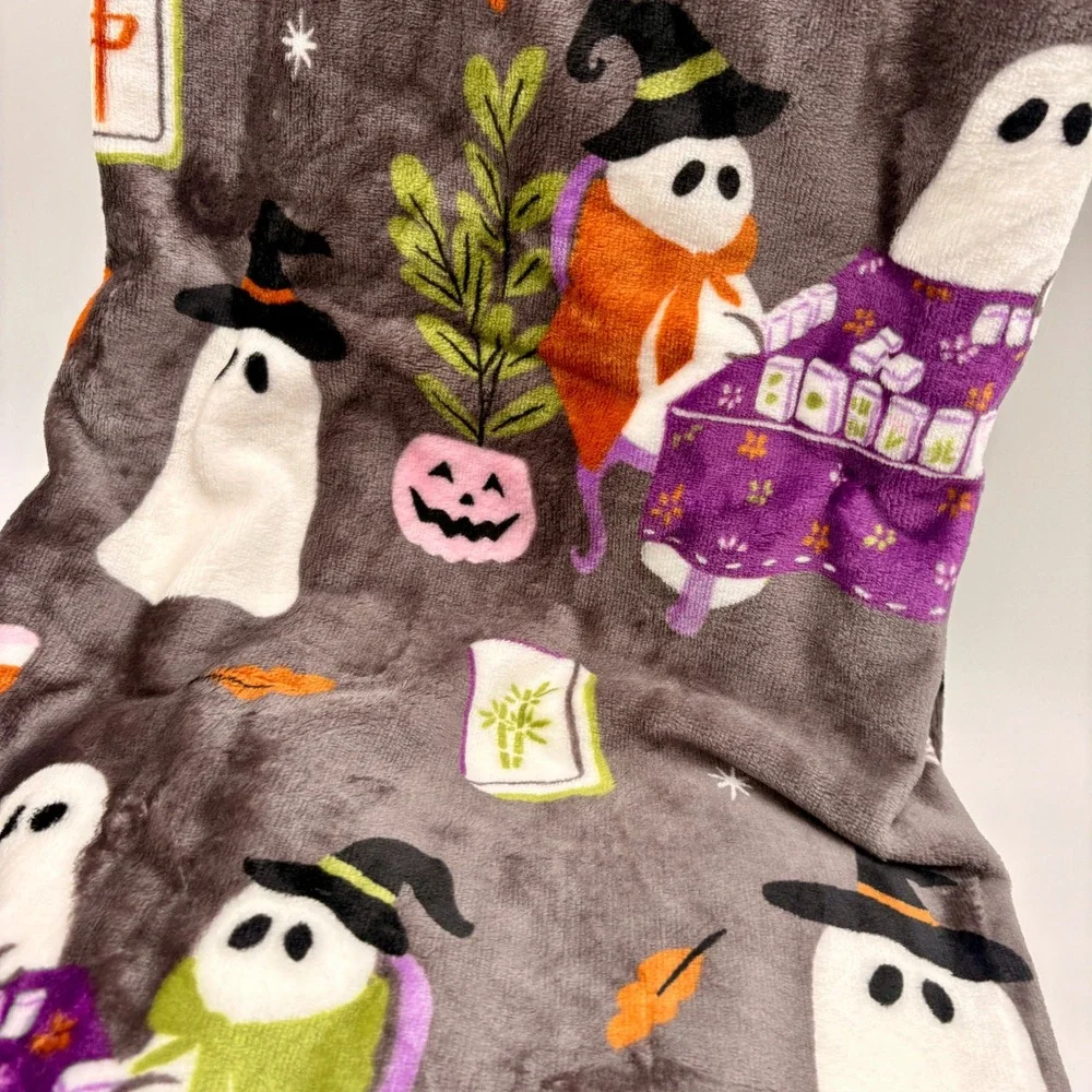EnVogue Halloween Ghosts Playing Mahjong Plush Throw Blanket 60x70 Gray Pink